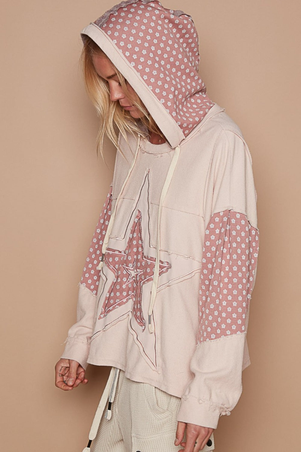 POL Star Patchwork Raw Edge French Terry Hoodie