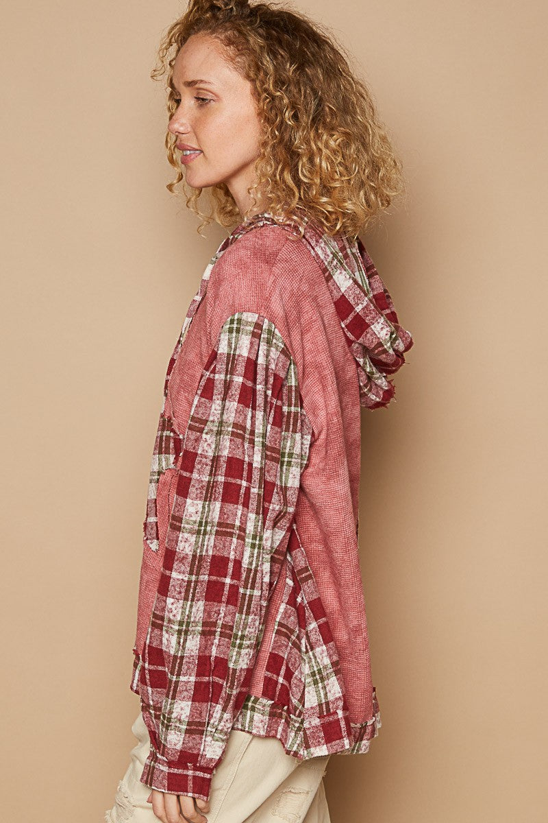 POL Star Patch Plaid Long Sleeve Hooded Top