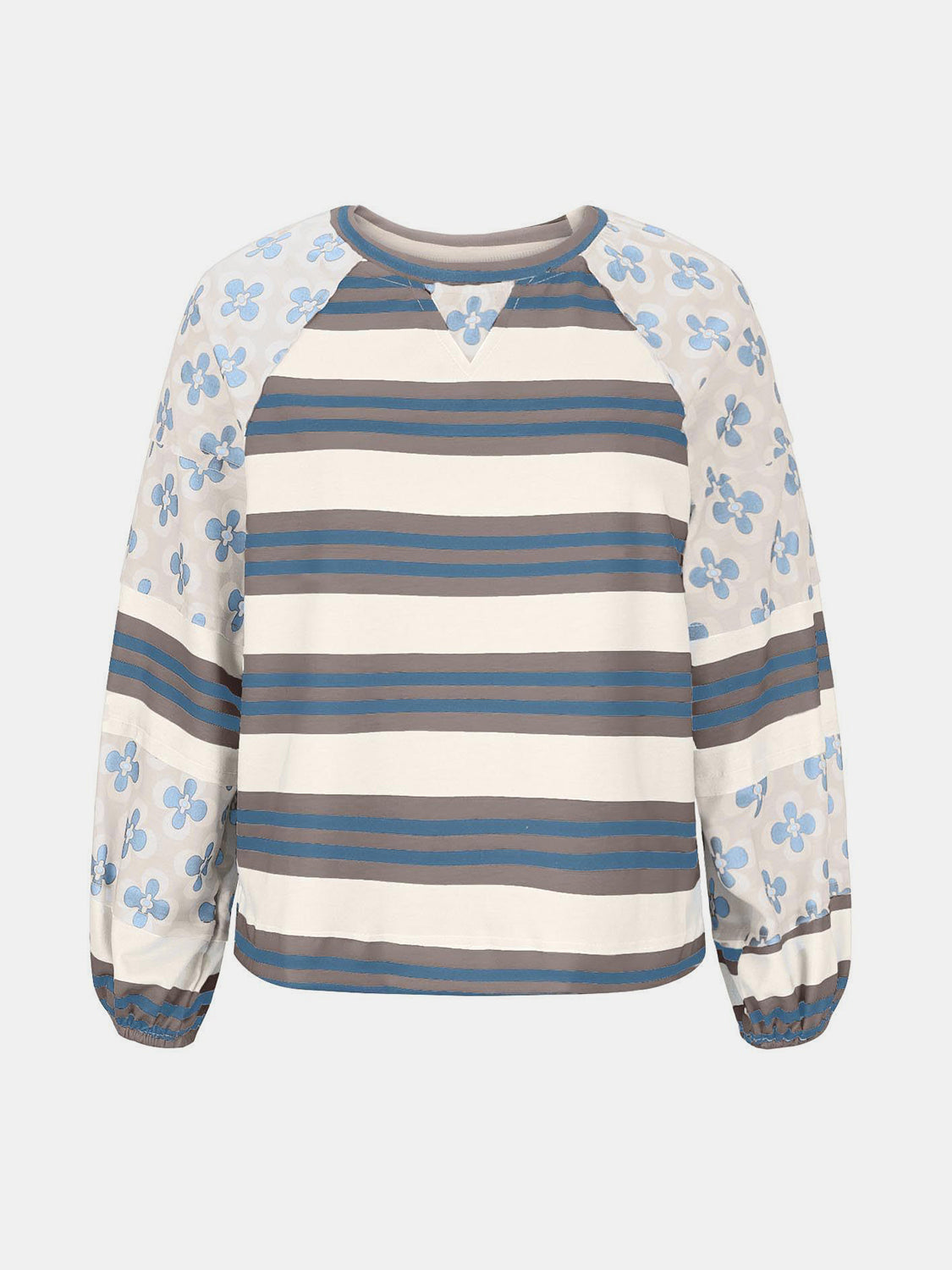 Flower & Striped Print Round Neck Sweatshirt