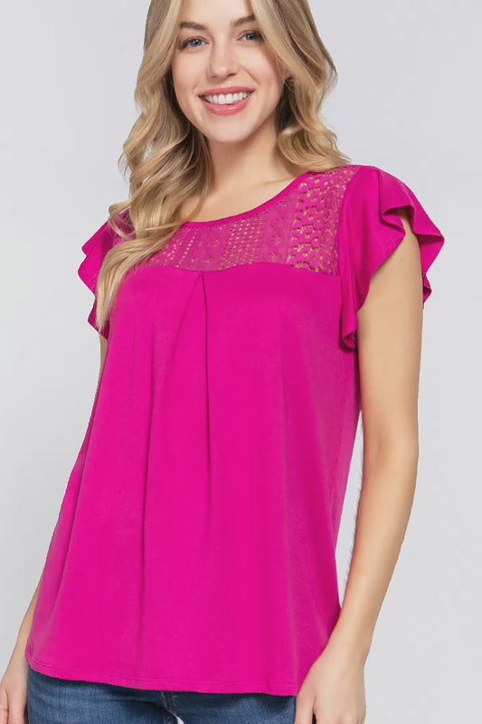 ACTIVE BASIC Ruffle Short Sleeve Lace Detail Knit Top